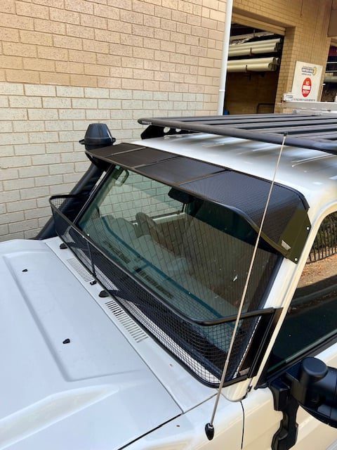 Toyota 70-79 Series Landcruiser (with factory snorkel) Black Windscreen Stone Guard and Mesh Sunvisor Bundle 3 Toyota 70-79 Series Landcruiser (with factory snorkel) Black Windscreen Stone Guard and Mesh Sunvisor Bundle - Image 3